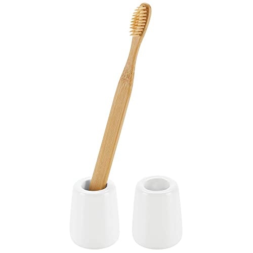 mDesign Juego de 2 portacepillos de dientes de diseño moderno y compacto – Vasos para cepillos de dientes redondos de cerámica – Accesorios de baño móviles para el lavabo o el tocador – blanco