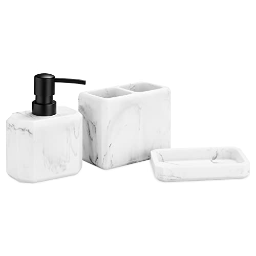 Navaris Set para el baño de 3 Piezas - Kit para Lavabo de 1x dispensador de jabón 1x Porta Cepillo de Dientes 1x Bandeja - Diseño de mármol Blanco