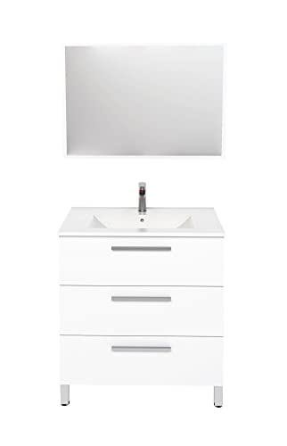 ARKITMOBEL Mueble de Baño con 3 Cajones y Espejo, Modulo Lavabo, Modelo Athena, Acabado en Blanco Brillo, Medidas: 80 cm (Ancho) x 86 cm (Alto) x 45 cm (Fondo)