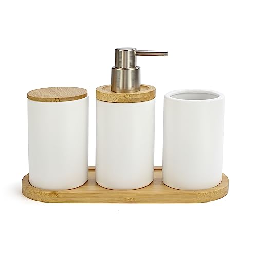 Juego Accesorios baño | Cerámica y bambú | Blanco Mate | Conjunto de baño: dispensador jabón, Vaso, algodonera y Bandeja | Jabonera baño