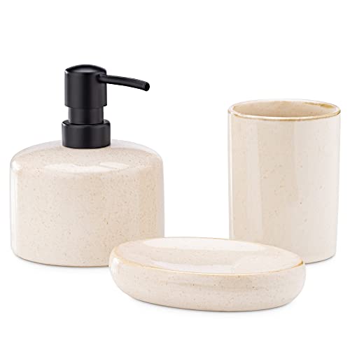 Navaris Set para el baño de 3 accesorios - Kit de cerámica para lavabo de 1x dispensador de jabón 1x porta cepillo de dientes 1x bandeja - Beige