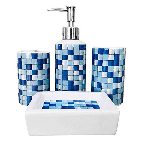 MUZI Juego de 4 accesorios de baño de cerámica de diseño moderno, dispensador de jabón, soporte para cepillo de dientes, vaso, jabonera (mosaico azul)