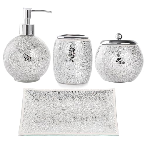Whole HOUSEWARES Accesorios Baño Set de 4 Piezas de Cristal Decorativo - Mosaico de Vidrio Kit Accesorios para Baño - Decoracion Baño y Accesorios