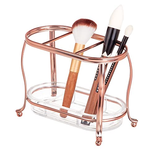 mDesign Organizador de cosméticos – Moderno porta brochas de maquillaje para el baño – Elegante soporte para pinceles de maquillaje de metal inoxidable – rosa dorado