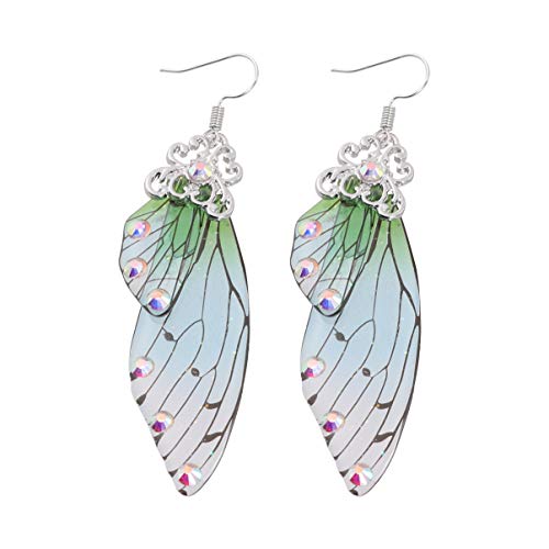 Holibanna Pendientes de alas de mariposa largos cuentos de hadas mariposa novia pendientes de fantasía accesorios de mujer (plata verde)
