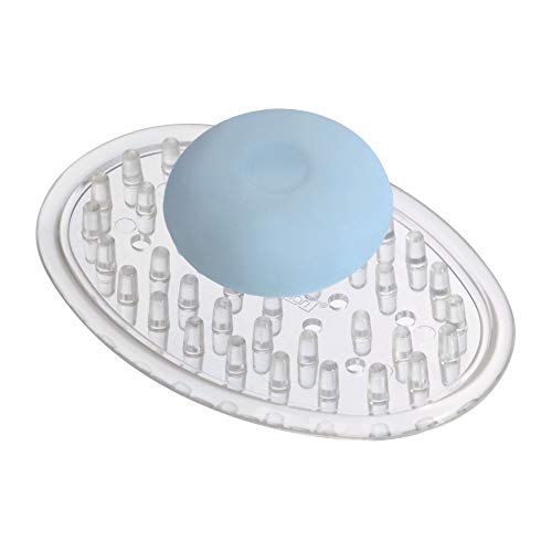 iDesign Portajabón para baño o cocina, jabonera pequeña de plástico, soporte para jabón con forma ovalada y diseño de picos, transparente