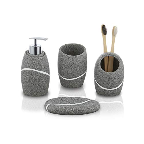 ZCCZ Juego de accesorios de baño de 4 piezas, decoración de tocador de baño con dispensador de jabón, soporte para cepillo de dientes, vaso de baño y jabonera, piedra arenisca gris