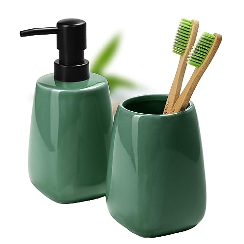 KADAX Juego de baño, accesorios de baño de cerámica en 5 colores, taza de baño y dispensador de jabón, equipamiento de baño para baño, inodoro (verde)