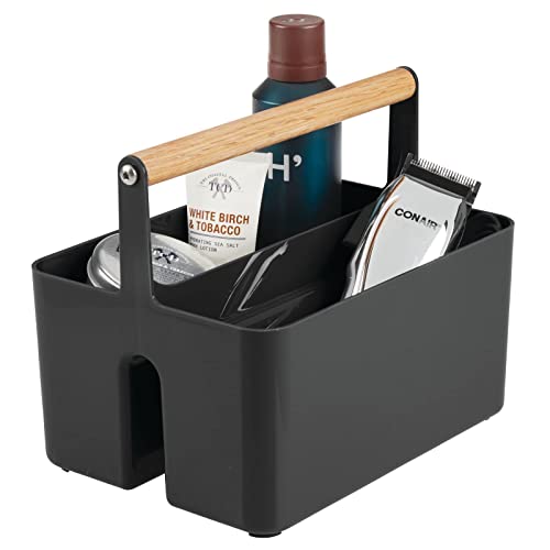 mDesign Caja organizadora para cuarto de baño – Práctica cesta con asa de madera para el almacenamiento de cosméticos – Organizador de baño portátil con 2 compartimentos – negro/natural