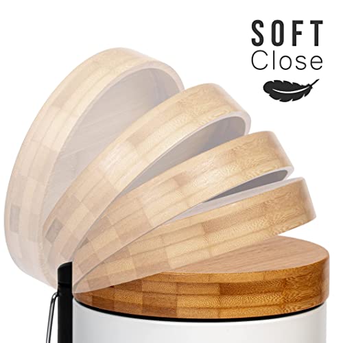 Kazai.® 3 Litros Cubo de Basura para el Baño de Diseñador - Bambú Superior | Cierre Suave | Anti-Huellas | Blanco