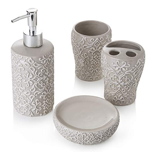 Montemaggi - Juego de baño de cerámica 4 Piezas - Color Gris Perla - Incluye dispensador, portacepillos de Dientes, Vaso y jabonera