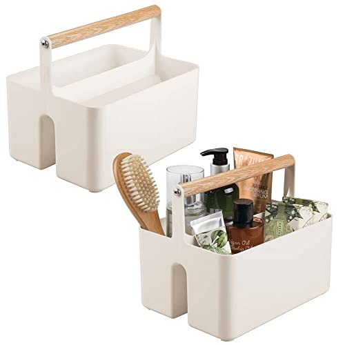 mDesign Juego de 2 cajas organizadoras para el cuarto de baño – Práctica cesta con asa para guardar productos cosméticos – Organizador de baño portátil con 2 compartimentos – beige/natural
