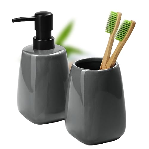 KADAX Juego de baño, accesorios de baño de cerámica en 5 colores, taza de baño y dispensador de jabón, equipo de baño para baño, inodoro (gris)