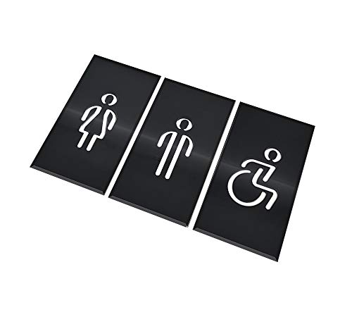 DOJA Barcelona | Cartel para Baño | Hombre + Mujer + Discapacitado | Color Negro | 180mm x100mm | Simbolo Adhesivo WC para Puerta | Placa Pegatina para Aseo, Aseos Cartel, Señal de Lavabo