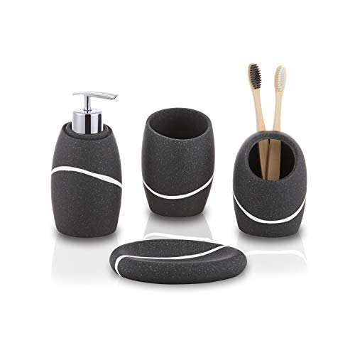ZCCZ Juego de accesorios de baño de 4 piezas, juego de accesorios decorativos para encimera de baño con dispensador de jabón, soporte para cepillo de dientes, vaso de baño y jabonera, granito negro