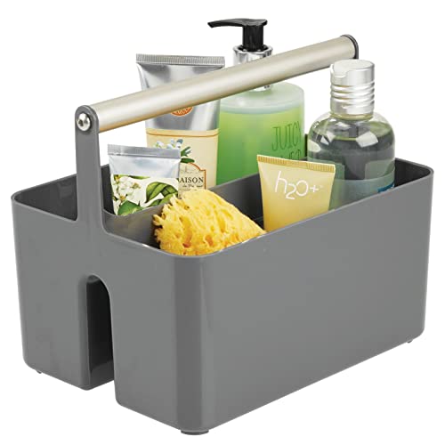 mDesign Caja organizadora para cuarto de baño – Cesta con asa para el almacenamiento de productos cosméticos – Organizador de baño con 2 compartimentos – gris oscuro/plateado mate