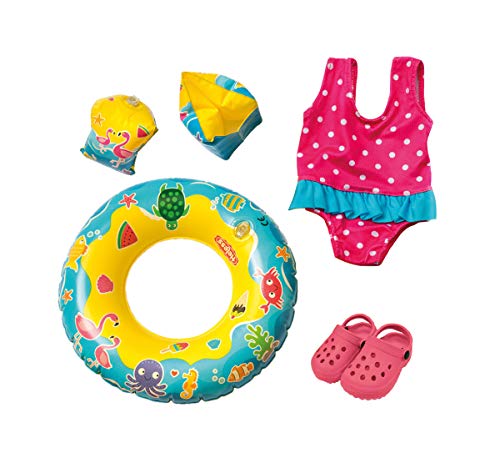 Heless 88 - Juego de natación para muñecas, traje de baño, zuecos, anillo y alas con divertidos motivos, tamaño de muñeca aprox. 35 - 45 cm, para divertirse en los calurosos días de verano