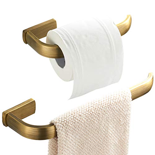 Flybath Juego de 2 accesorios de baño – anillo de toalla y soporte para rollos de inodoro de latón envejecido montado en la pared, bronce cepillado