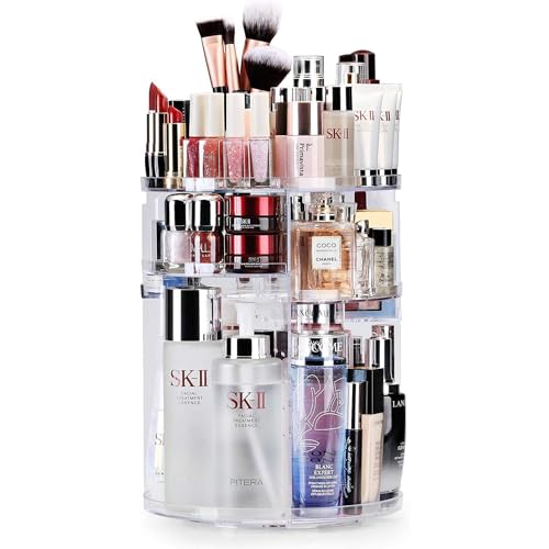 Auxmir Organizador de Maquillaje Giratorio 360, Organizador Perfumes y Cremas, Almacenaje Maquillaje con 7 Baldas Ajustables, para Pintalabios Brochas Baño Tocador, Gran Capacidad, Transparente