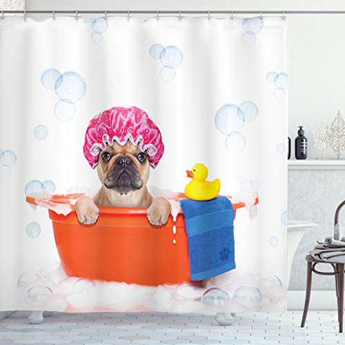 ABAKUHAUS Amante de los Perros Cortina de Baño, El Perro Que Tiene una Tina de baño, Material Resistente al Agua Durable Estampa Digital, 175 x 180 cm, Multicolor