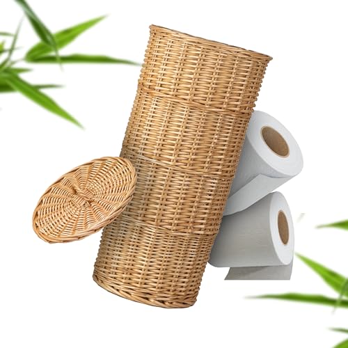 Industor® Almacenamiento de papel higiénico de mimbre – Papel higiénico de pie para 3 rollos de papel higiénico con tapa – Accesorios decorativos de baño