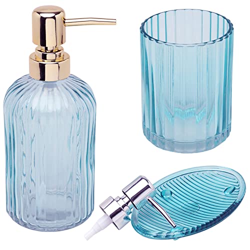 G Decor Juego de accesorios de baño de vidrio prensado transparente moderno de 3 piezas, incluye dispensador de jabón líquido o loción, soporte para cepillo de dientes, jabonera (azul)